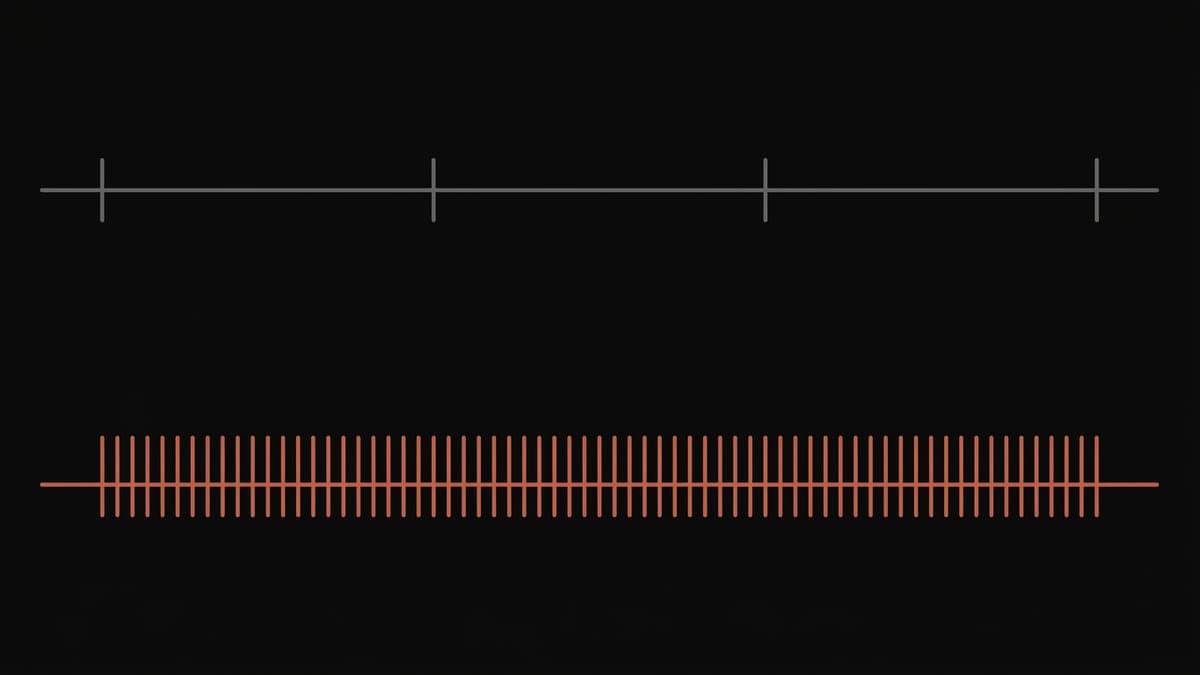 A sparse track with four marks above, and a dense track packed with marks below